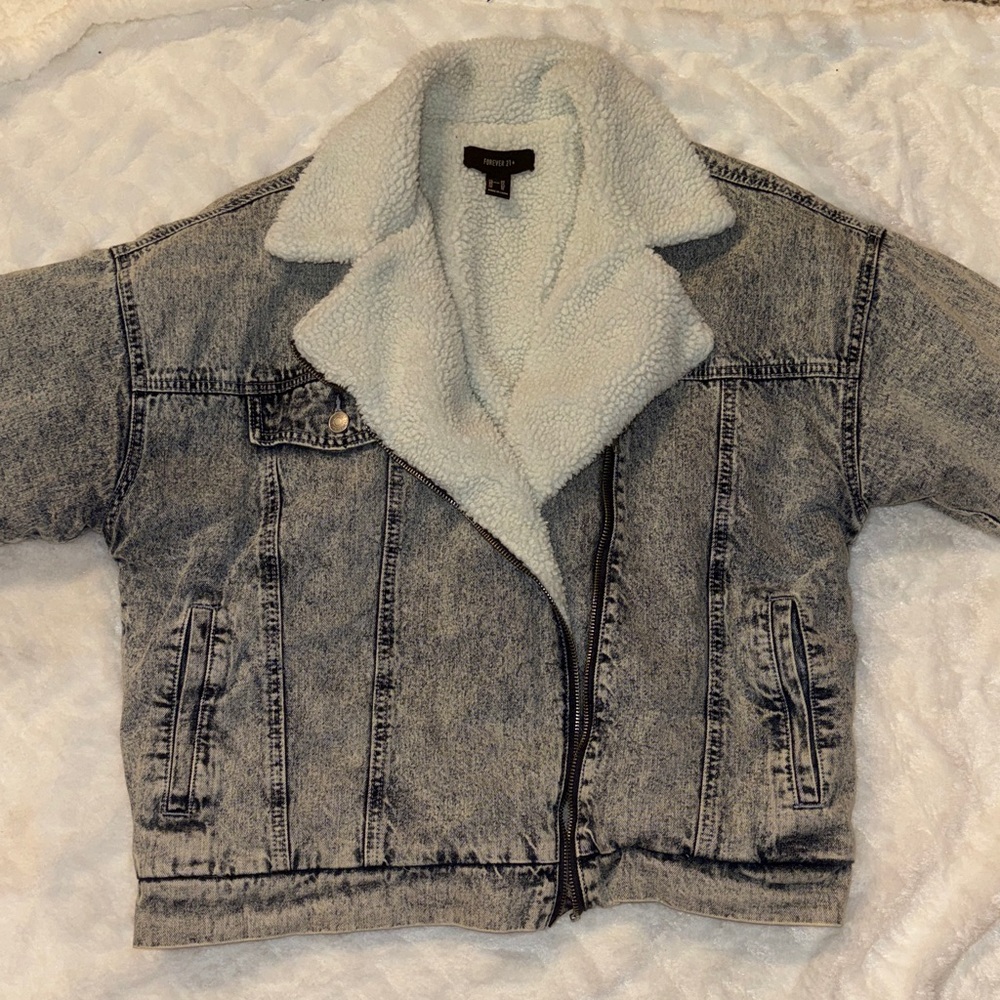 Forever 21 Gray Denim Jacket with Cream Sherpa Lining